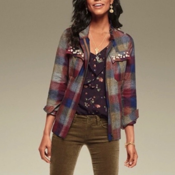 CAbi Jackets & Blazers - CABI 3555 Plaid Collage Pearl Accent Full Zip Topper Jacket Women’s Size Large